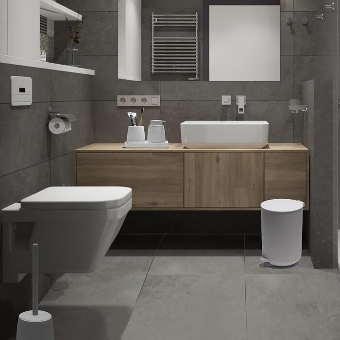 Набір для ванної кімнати AJEUNGAIN Grey, сучасний, 5 предметів: відро для сміття, тримач для туалетного йоржика, дозатор мила, стакан для зубної щітки та піднос