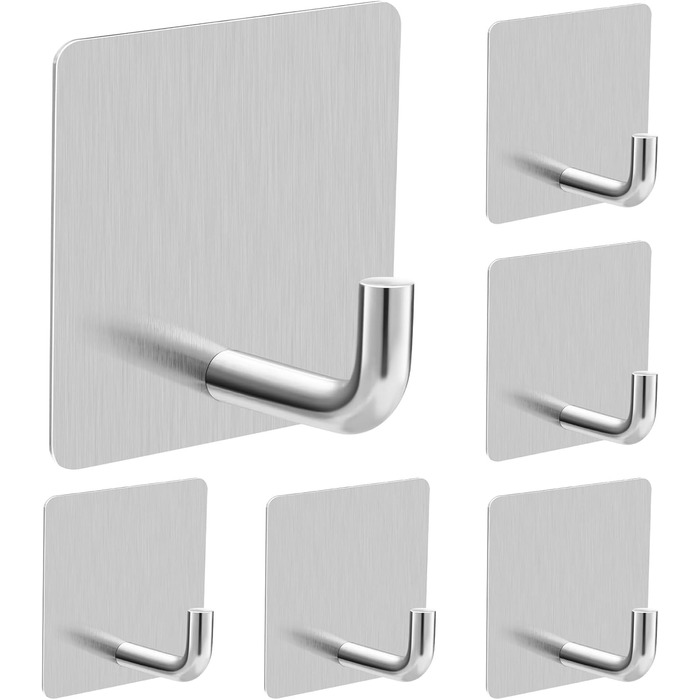 Набір гачків для рушників без свердління 6 шт. з нержавіючої сталі для ванної кімнати та кухні, самоклеючі, до 10 кг, вологостійкі, срібні