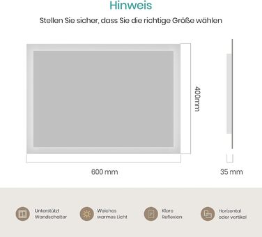 Дзеркало для ванної кімнати EMKE® з підсвічуванням 80x60 см, тепле біле світло 3000K, вимикач, вертикальна/горизонтальна установка, IP44, енергозберігаюче