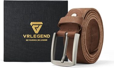 Шкіряний ремінь для чоловіків VRLEGEND, натуральна шкіра, 3.8 см, коричневий, довжина 115 см (розмір L), у подарунковій коробці