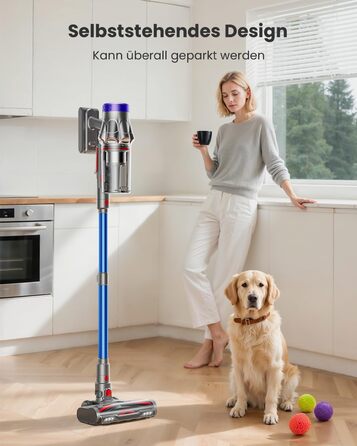 Бездротовий акумуляторний пилосос 48000Pa/580W/65Min, об'єм 1,8L з функцією від'єднання пилу, антизаплутана щітка, 8-ступенева фільтрація. Підходить для килимів, шерсті тварин та твердих поверхонь. Колір: блакитний