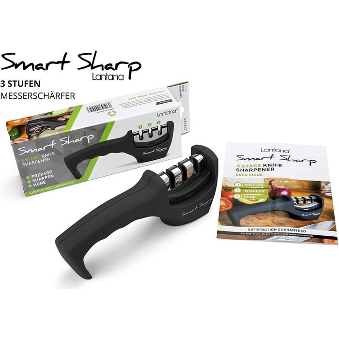 Точилка для ножів Lantana Smart Sharp - професійний набір для заточування кухонних ножів. 3 ступені (кераміка, вольфрам карбід, діамант), ергономічний дизайн, чорний та хром.