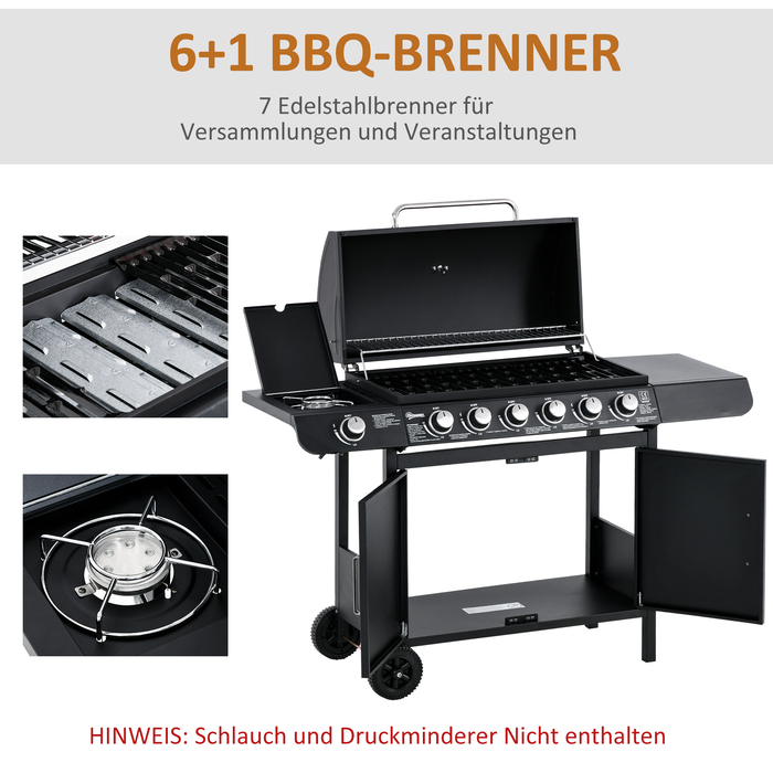 Газовий гриль Outsunny BBQ з візком, 6 конфорок, 1 бічна конфорка, шафка, багатофункціональний, метал, чорний, 135 x 50 x 100 см | Aosom