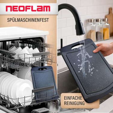 Набір дощок для сніданку NEOFLAM® 25x14 см, 4 шт. - Дошки для нарізання з пластику, BPA-free, антибактеріальні, з жолобком для соку, чорний мармур, стійкі до миття в посудомийній машині