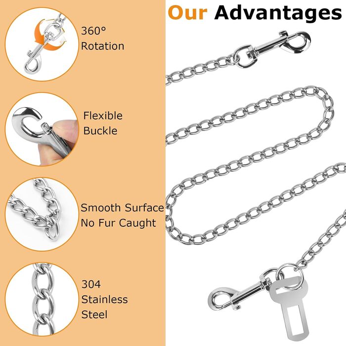 Нашийник для собак з кріпленням до авто, безпечний поводок-ремень, нержавіюча сталь 304, 105 см