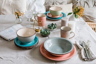 MÄSER 931495 Bel Tempo II, 12-piece tableware set for 6 people with a modern vintage look, hand-painted, pink, stoneware.