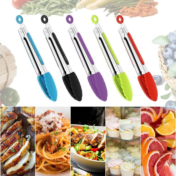 Lecoku Mini Kitchen Tongs Set of 5, small stainless steel tongs with silicone tips, 17.8 cm, serving tongs, cooking tongs for salad, roasting, and grilling