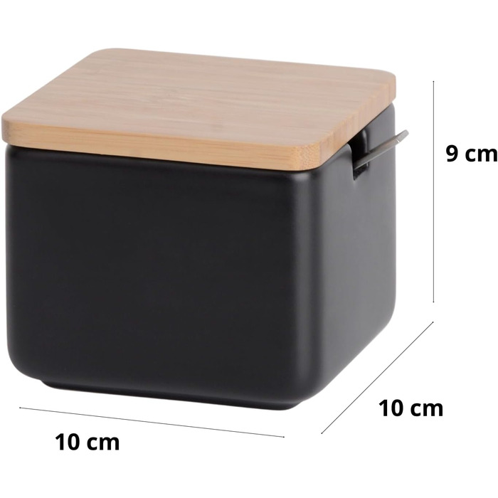 Керамічна цукерниця з ложкою та кришкою з бамбука - цукерниця для дому та кухні, сучасна куляста форма, для цукру, сиру, спецій, 10 x 10 x 9 см (Біла Кругла) (Чорна)