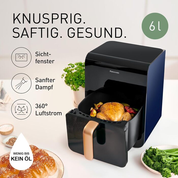 Panasonic NF-CC600AXE Air Fryer with Viewing Window, 6 l, 80–200 °C, digital timer & LCD display, gentle steam injection, 11 presets, easy cleaning, Black with Rose Gold handle