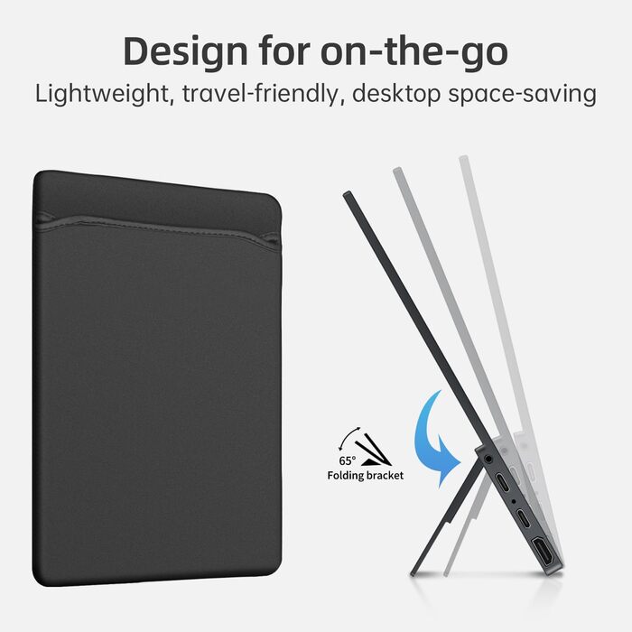 Портативний монітор 15.6' FHD IPS з динаміками та підставкою, ультратонкий додатковий екран для ноутбука/ПК/Mac - USB-C & HDMI, з захисним чохлом, матовий чорний 15.6