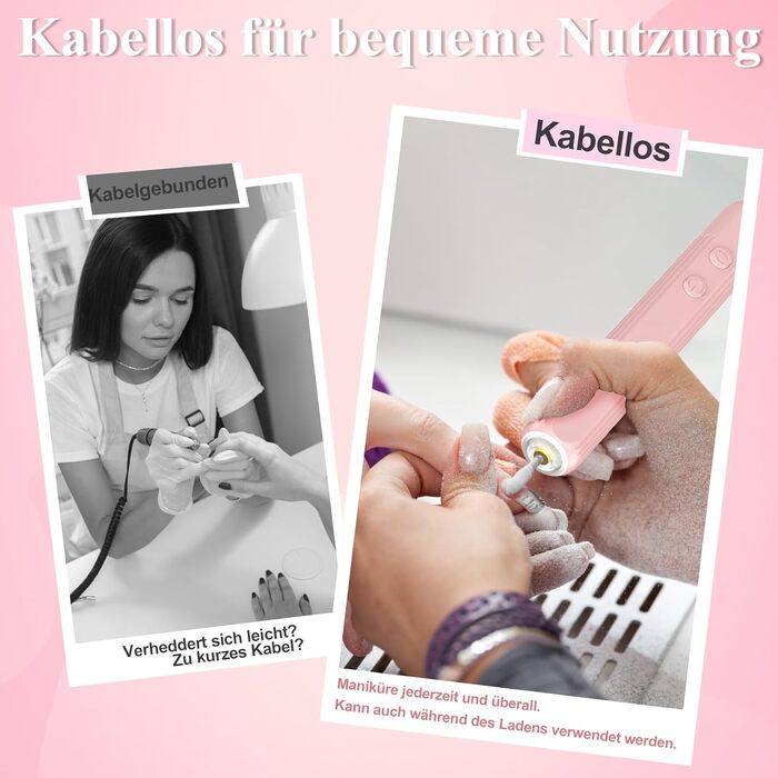 Набір електричного нейл-дриля AOMEES, портативний бездротовий апарат для манікюру з 56 шліфувальними насадками (рожевий)