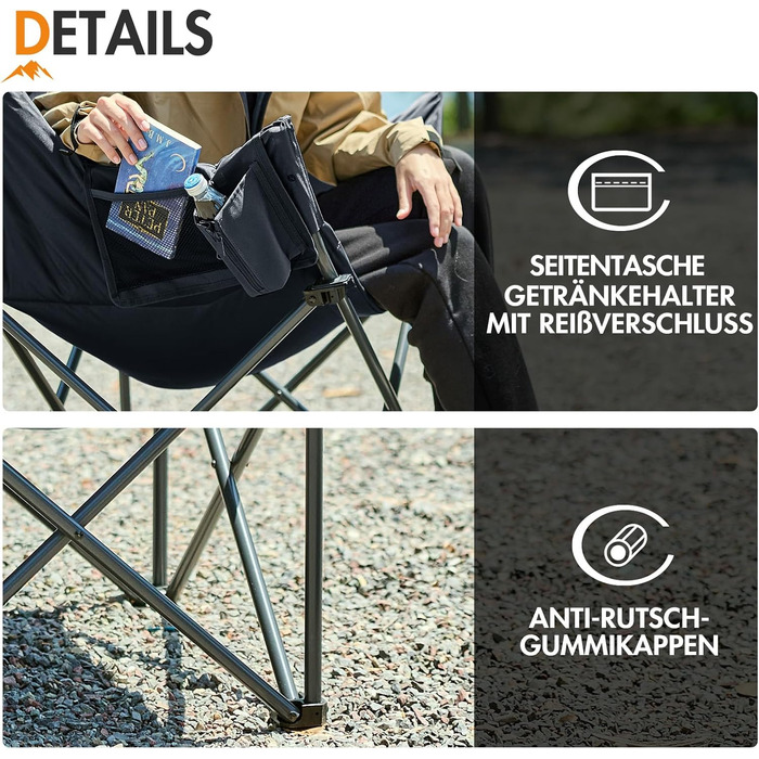 Крісло для кемпінгу складне, XXL, чорне, 150 кг, з підлокітниками, м'яке, для відпочинку на природі