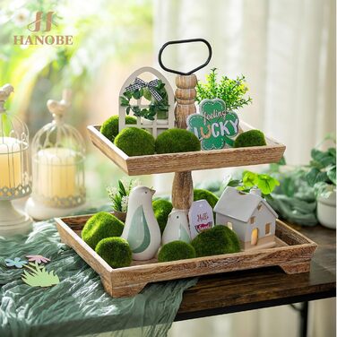 Hanobe Decorative Table Tray Shelving Wood: Brown Wooden Tray Large Rectangular with 2 Tiers Farmhouse Decorative Tray Vintage Shabby Serving Trays for Home Coffee Corner Bathroom