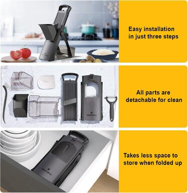 Мандоліна-слайсер ONCE FOR ALL Upgrade: безпечний, великий, з регулюванням, для овочів та продуктів, для картопляного фрі, знімні леза (чорно-сірий + ніж для взуття)