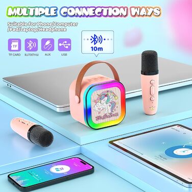 Караоке машина для дітей 3-12 років Dislocati з 2 мікрофонами Bluetooth, рожевий єдиноріг. Портативна музична іграшка зі світлодіодним підсвічуванням для вечірок