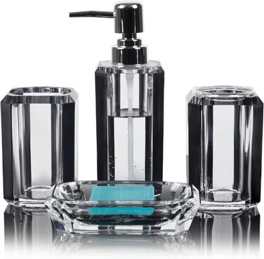 Набір аксесуарів для ванної кімнати з акрилу преміум-класу (4 шт.): диспенсер для миючого засобу, дозатор для лосьйону, мильниця, стакан для ополіскувача, стакан для зубної пасти (чорний, матовий)