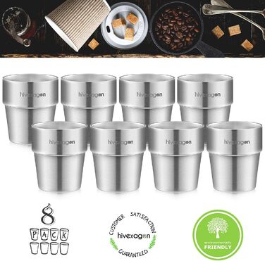 Hivexagon 300ml Set of 8 Double-Walled Stainless Steel Cups - Ideal for Cold Drinks - Dishwasher Safe HG298