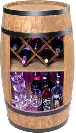 CREATIVE COOPER Fass bar LED RGB with Wine Holder - Wine Rack - Barrel Bar House Bar 80x50cm - Rustic Decor Bar Cabinet Wine Stand – Wine Cabinet (Dark Brown)