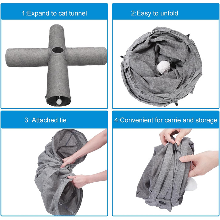 Cat Tunnel Toy, 4-Way Collapsible Cat Tunnel for Indoor Cats, Interactive Peek Hole, Pet Tunnel with Cat Wand Toy