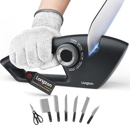 Точилка для ножів Longzon 5-в-1 з регулюванням, антиковзаючі рукавички, для сталі та зубчастих ножів