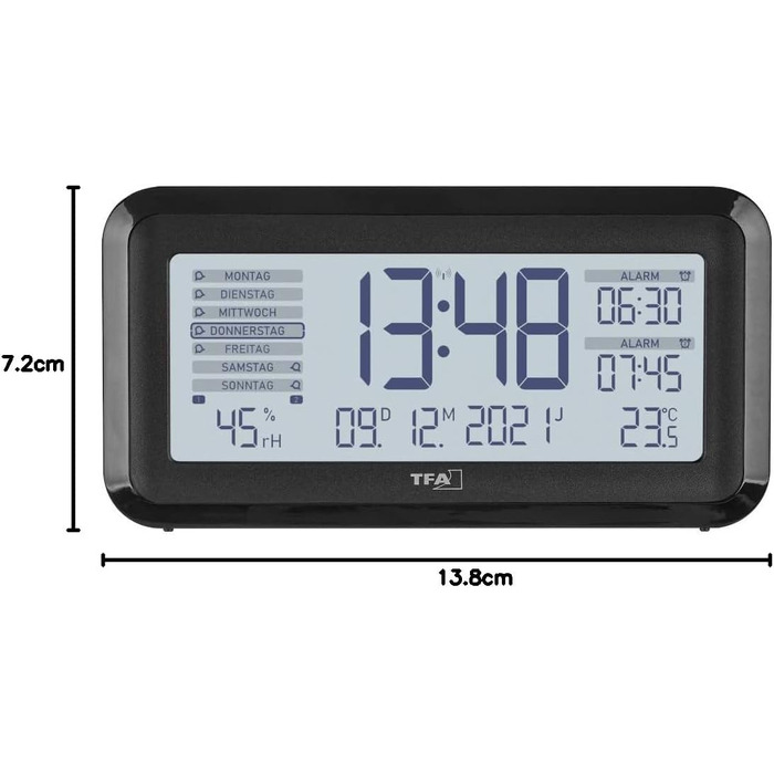 TFA Dostmann Digital Radio Alarm Clock BOXX2, 60.2562.01, German display, 2 alarm times, room climate monitoring, with weekday, with battery, black, (L) 138 x (W) 52 x (H) 72 mm