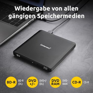 Зовнішній CD/DVD привід Intenso EOD 400D Slim, USB 3.2, для ноутбука та ПК, кабель USB-C та USB-A, Plug & Play для Windows та MacOS, чорний