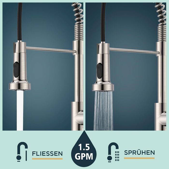 Змішувач кухонний FORIOUS висувний з душем, однорегуляторний, 360° обертання, нержавіюча сталь