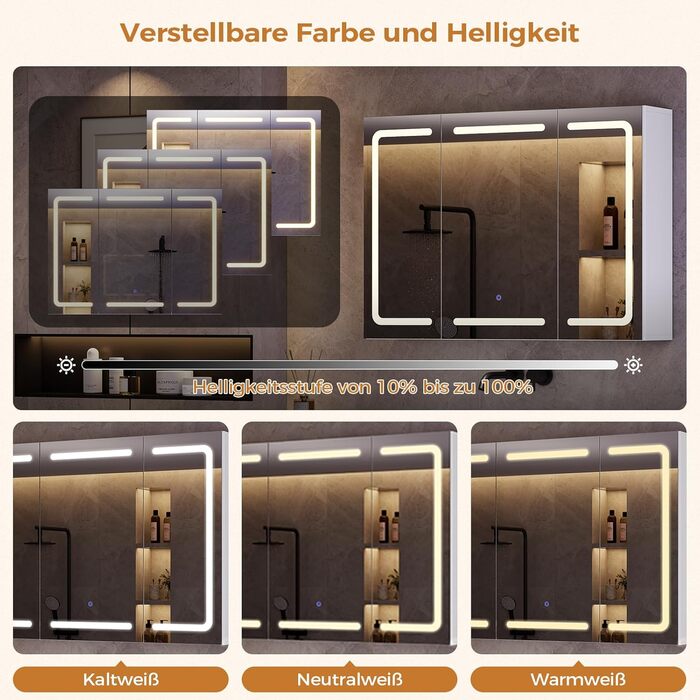 Дзеркало шафа для ванної кімнати з LED-підсвіткою, розеткою та 3 колірними температурами, 60x90x16 см, диммер, сенсорне управління, 3 регульовані полиці, білий колір