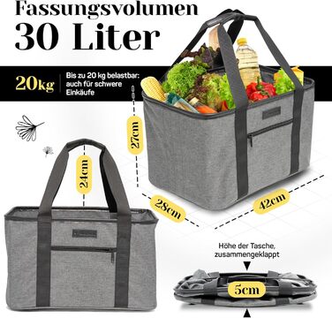 Foldable shopping basket in premium quality | Shopping bag with soft PU leather handle | ideal basket for shopping, 30 liters | stable & secure shopping bag (gray/black)