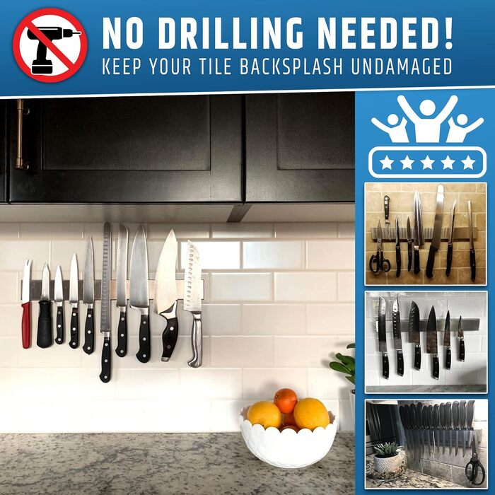 Strong self-adhesive (no drilling) magnetic knife strip for the wall - Premium 43 cm magnetic knife rack - No screws needed - Self-adhesive back (Updated Version)