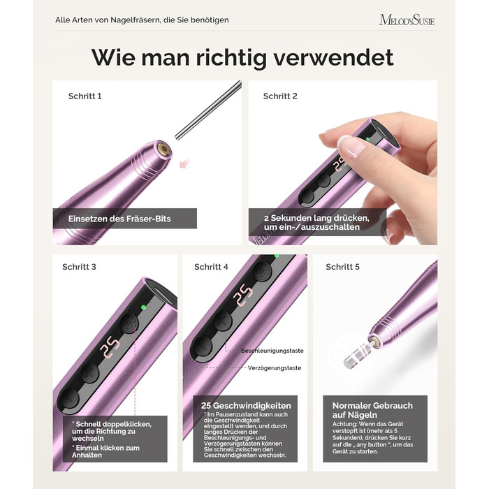 Електричний набір для манікюру MelodySusie PC180F 11 в 1: фрезер, полірування, форми для акрилу, гелю, пудри. 25000 RPM, рожевий