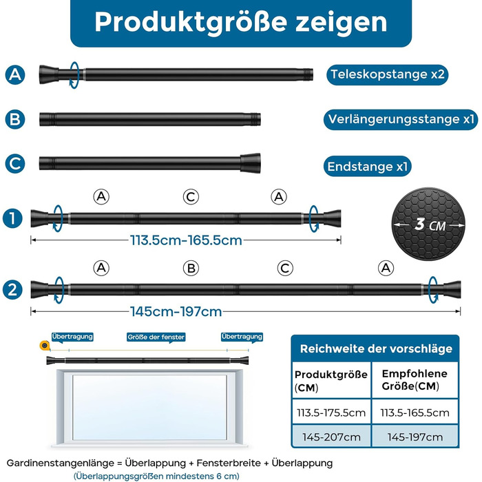 Штанга для штор без свердління AIZESI 70-120см, телескопічна, чорна, діаметр 22мм