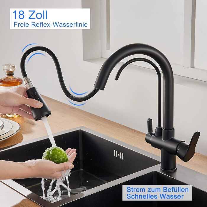 Чорний кухонний змішувач з висувною лійкою 360°, з нержавіючої сталі, для фільтрованої води