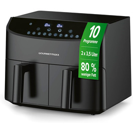 Gourmetmaxx Double Chamber Air Fryer 2x 3.5L - Black | Air Fryer + synchronized cooking zones, timer function & touch display | energy-saving frying | 10 programs | 2400 W Matte Black 2x 3.5 Liters