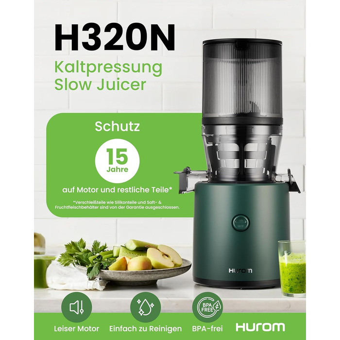 Соковижималка Hurom H320N для овочів та фруктів, електрична холодного віджиму, 200 Вт, тиха, легке очищення, великий контейнер 2 л, BPA Free, темно-зелена
