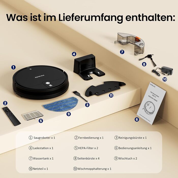 Робот-пилосос VersLife L6 з функцією миття, 4000Pa, керування через додаток, Alexa, до 120 хвилин роботи, ультратонкий дизайн, для шерсті тварин, килимів та твердих підлог, чорний