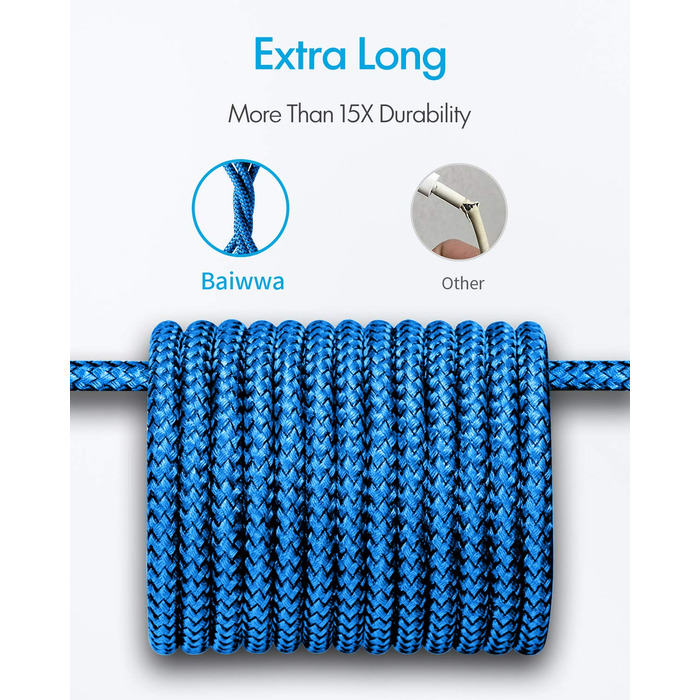 Кабель USB-C на USB-A 6м, блакитний, нейлон - для Samsung, iPhone, Redmi, Pixel