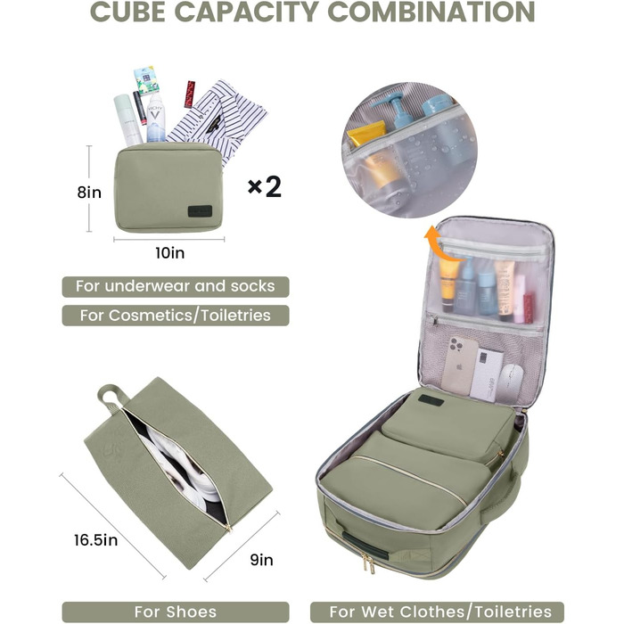 Рюкзак LOVEVOOK для ручної поклажі літака, 40L, водонепроникний, з відділенням для ноутбука 17 дюймів, для подорожей, школи, роботи, кемпінгу (зелений + бежевий + чорна шкіра)