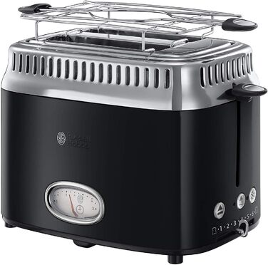 Russell Hobbs Toaster [for 2 slices] Retro Stainless Steel Black (Retro-style countdown display, including bread roll attachment, 6 browning levels + defrost & reheat function, 1300W) Vintage 21681-56