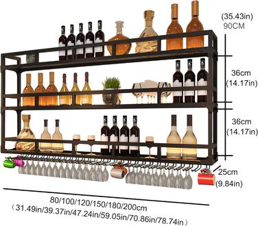Металева полиця для вина на стіну з підсвічуванням, 80 см, чорний колір. Вузька шафа для вина, підставка для келихів, міні-бар для дому, кухні, вітальні. 3 яруси.