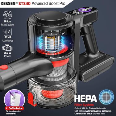 Бездротовий акумуляторний пилосос KESSER® з LED дисплеєм, до 60 хв роботи, тихий, без мішка, з антинамотувальною щіткою, HEPA фільтр, для твердих поверхонь та килимів, з аромадиском, чорний/червоний