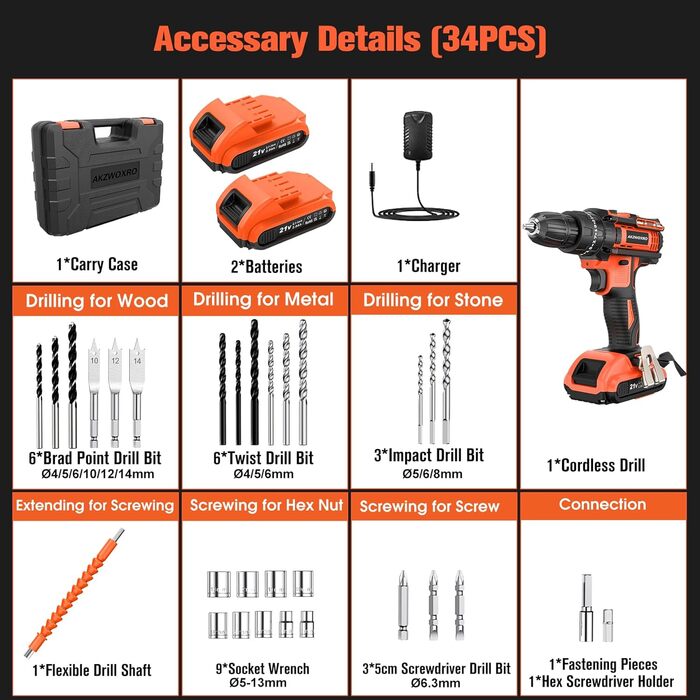 Акумуляторний шуруповерт AKZWOXRO 21V з 2 акумуляторами 2.0Ah, 42Nm, 2 швидкості, 25+3 ступені крутного моменту, патрон 10мм, LED, 30шт аксесуарів для дому та саду, помаранчевий колір