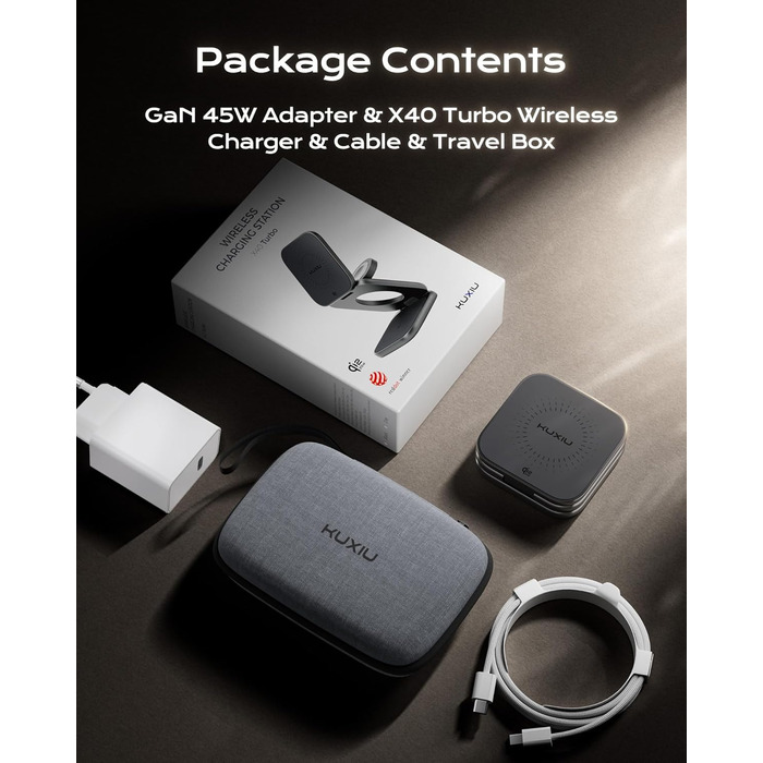 Бездротова зарядка 3-в-1 KU XIU X40 Turbo Qi2.2 25W для iPhone 15/14/13/12, Apple Watch, AirPods, з адаптером GaN 45W, сіра