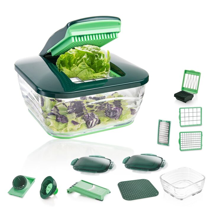 Nicer Dicer Chef від Genius: набір для нарізки овочів (18 предметів) з скляною чашею, зелений м'ятний колір