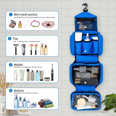 Сумка для туалетних аксесуарів на блискавці, дорожня, для жінок та чоловіків, з 4 відділеннями, вантажна, для кемпінгу, оксфорд (блакитна), M