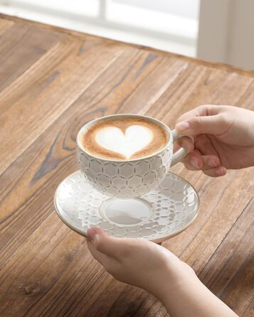 Набір кавових чашок MALACASA з блюдцем, 8 шт., для 4 особи, з рельєфом, 180 мл, кераміка, бежевий