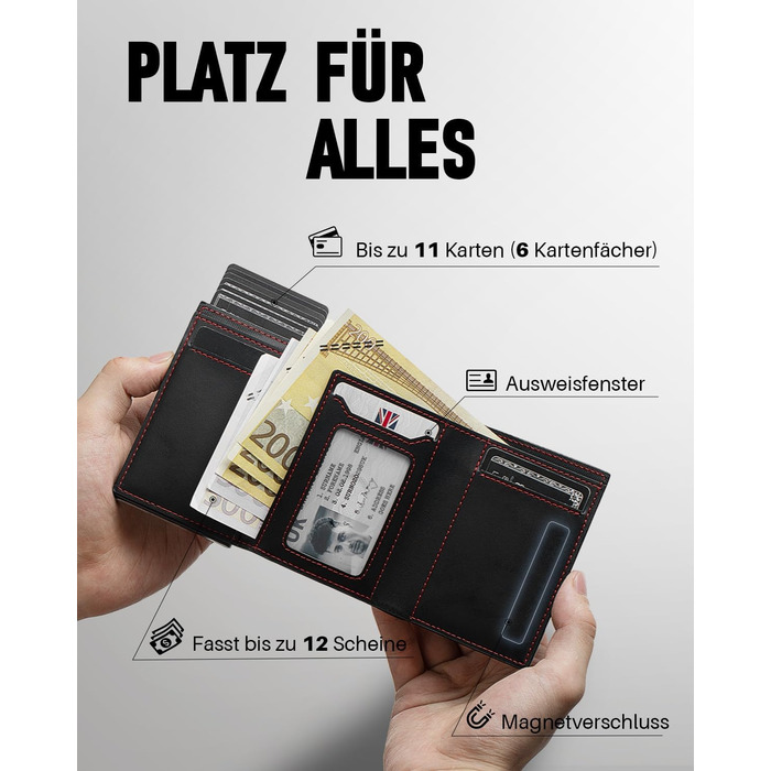 Чоловічий гаманець з RFID-захистом та відділенням для монет, Smart Wallet з вікном для документів, шкіряний гаманець для карт (чорно-червоний)