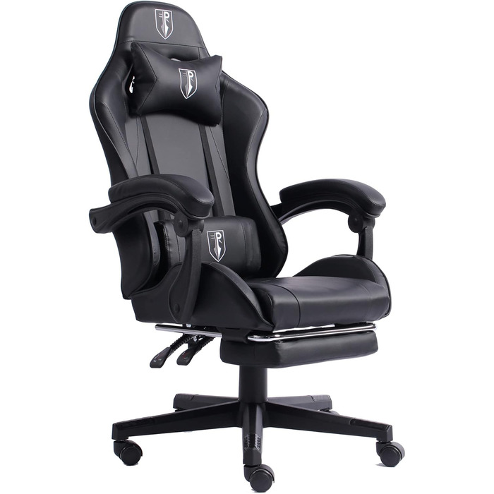 TRISENS Gaming Chair with Racing Design featuring flexible padded armrests, ergonomic PC gaming chair in leather look, desk chair with retractable footrest and extra support cushion, color: black