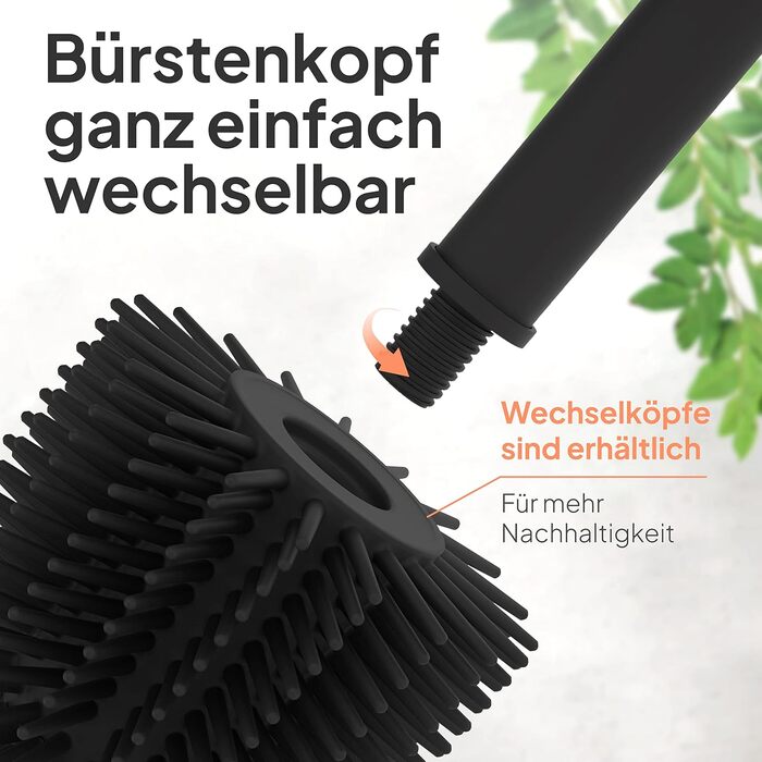Торбінг Дизайн Туалетний Щітка з Нержавіючої Сталі - Якісна Щітка з Закритим Тримачем - Силіконова Щітка з Ефектом Лотоса - Сучасний Дизайн - Елегантні Кольори - Подовжений Рукоятка (Чорний Матовий Вугільний)