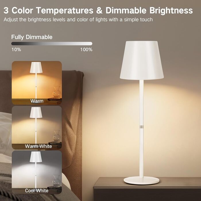 LED-лампа настільна бездротова OUTON (2 шт) з регулюванням яскравості, 3 режими кольору, USB-C зарядка, IP54 вологозахист, 30 годин роботи – для дому та на подарунок, чорний